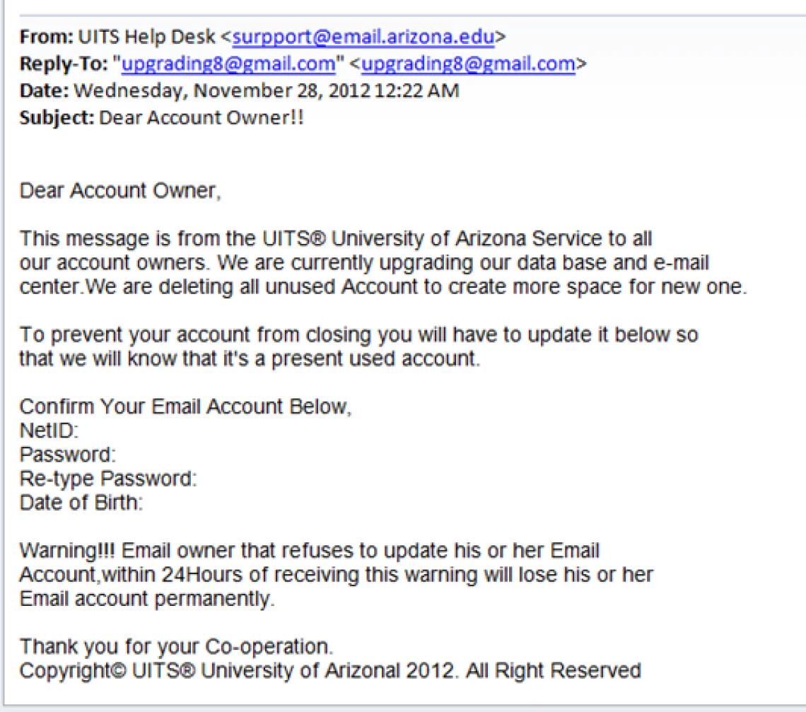 Phishing Email Requesting a Reply example of a phishing email requesting a response